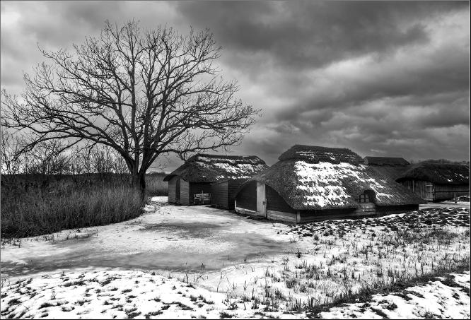 Hickling Broad boathouses in winter - Alison Pangbourne