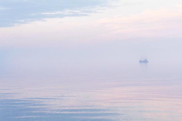 Fishing Boat Leaves in the Misty Dawn (%!s(<nil>)) - 
